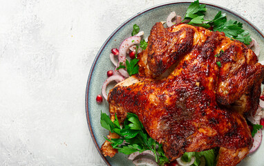whole fried chicken, with spices, grilled chicken, on a light background, top view, homemade, no people,