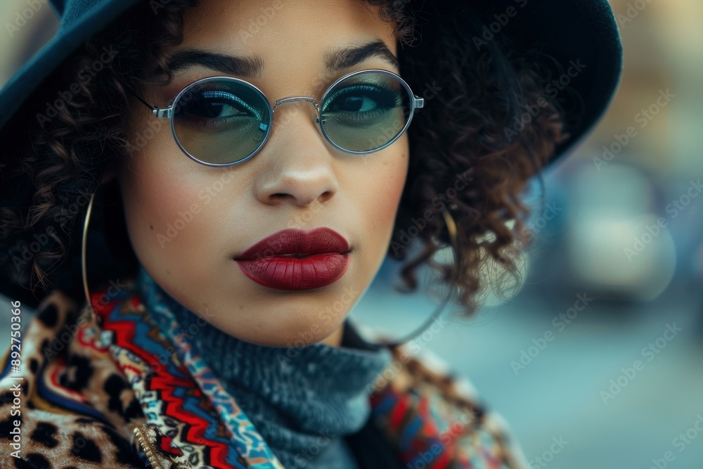 Sticker closeup of a trendy woman with red lipstick, wearing sunglasses and a fashionable hat