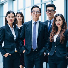 Portrait of a group of stylish asian people in suits. A group of businessmen in suits.