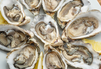 Opened raw oysters with sauce and lemon slices on plate on wooden table. Top view. © volff