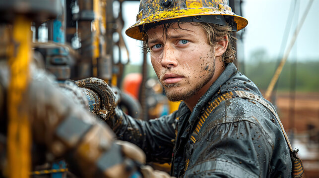 Oil rig workers, Roughneck portrait made at of shore rig platform in sea. 