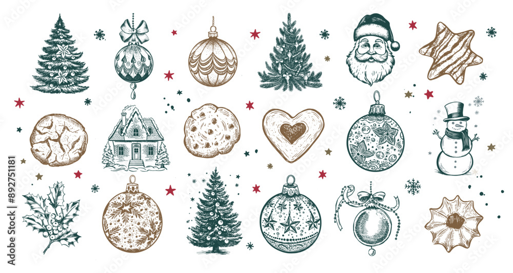 Wall mural Christmas Cookie and ball set, Hand drawn illustration	
