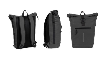 Closeup of black roll-up lunch bags, isolated on white background.