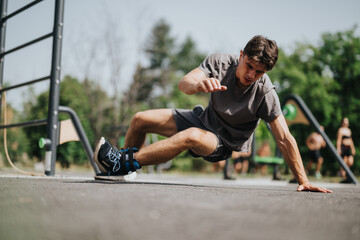 Man working out at an outdoor gym, showcasing strength and agility in a fitness routine on a sunny...