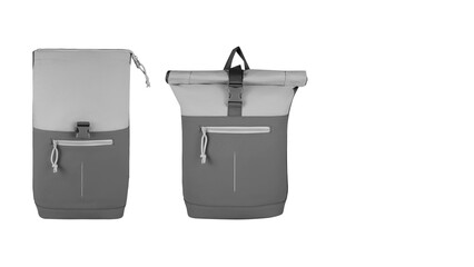 Closeup of grey roll-up lunch bags, isolated on white copy-space background.