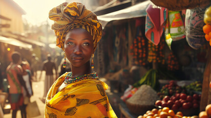 Naklejka premium Smiling woman in traditional African market with colorful headscarf