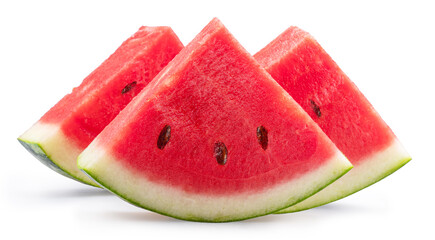 Watermelon triangle slices with seeds isolated on white background. Clipping path.