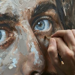 A high-quality stock image of a close-up of an artist painting on a canvas. The image shows creativity and focus. AI generation.