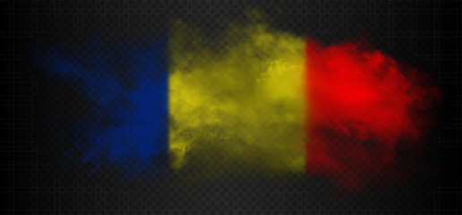 Smoke cloud in the colors of the romanian flag. Blue, yellow, red realistic gradient colorful fog isolated on dark semi transparent background. Good quality vector illustration.