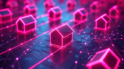 Houses with beautiful neon lights representing new properties on market, new homes, property developing business and social neighbourhood connections 