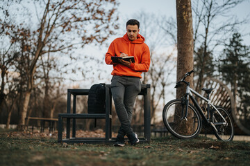 Relaxed young adult with bike spending free time in an urban park, embodying a healthy lifestyle and leisure