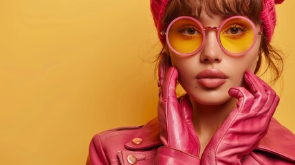 Fototapeta premium Woman wearing pink sunglasses, gloves, and hat, posing stylishly against a yellow background. Concept of fashion and color contrast