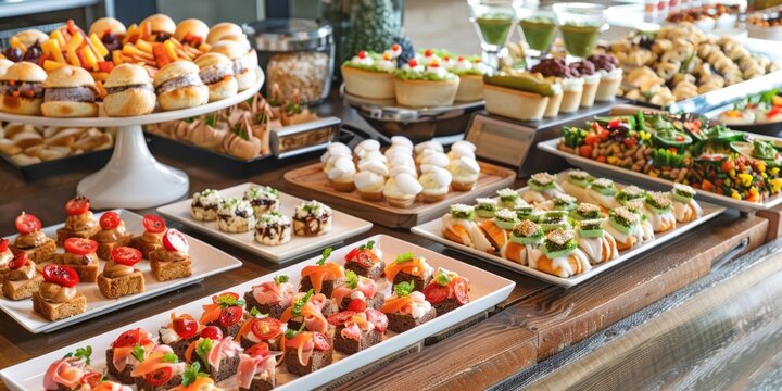  office corporate canteen, assortment of dishes and snacks, buffet for a business party, serving dishes at an event, bruschetta and sandwiches