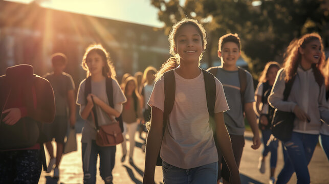 Group of students walking to school at sunrise for Back to School