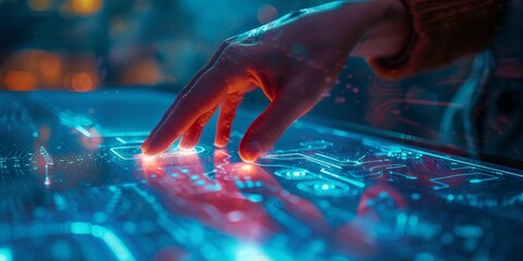Close-up of a hand moving on a touch screen, futuristic style. Interactive screen with projected holograms. Ai generative