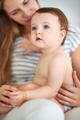 Baby, thinking and woman in home for love, care and support or growth and protection for kid. Development, safety and family or mom in living room with child or memory, trust and together in morning