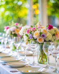 Fototapeta premium Various flowers in clear glasses decorate a white dining table. The background is blurred, leaving space for text.