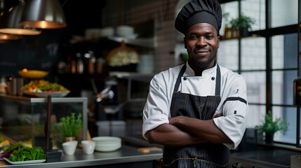 Fototapeta premium O chefe de cozinha negro cruza os braos em sua cozinha com sua dolmã em segundo plano a cozinha do seu restaurante 