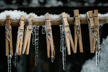 Wooden clothespins covered with ice and snow hang on a line during winter