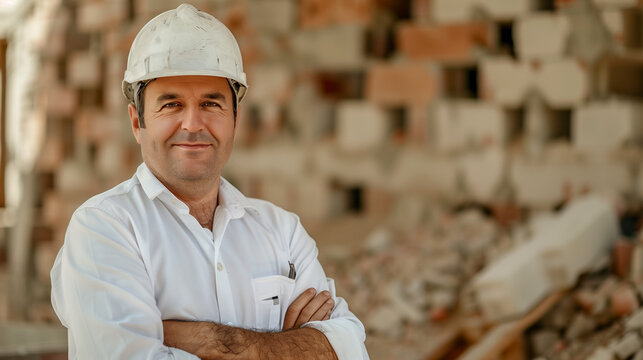 O arquiteto, o engenheiro, o mestre de obras de bra&ccedil;os cruzados com obra ao fundo