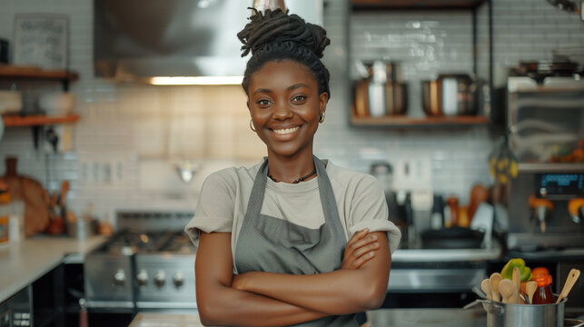 Linda e jovem chefe de cozinha negra cruza os braos em sua cozinha com sua dolm&atilde; em seu restaurante	
