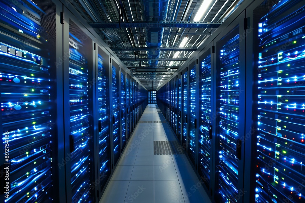Poster stateoftheart modern data center hallway with advanced computing hardware. network infrastructure. c