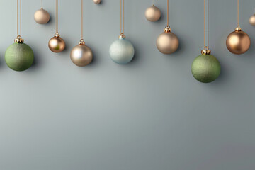 Fundo de Natal com bolas decorativas em tons met&aacute;licos e fundo cinza criado com IA generativa, destacando simplicidade e eleg&acirc;ncia festiva
