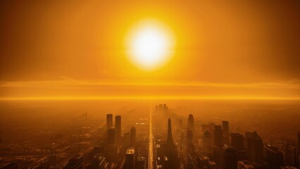 Dramatic Urban Skyline at Sunset with Sunburst in Orange Sky