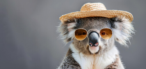 Koala bear wearing sunglasses and a straw hat, looking cool and relaxed. Great for use in travel promotions, Australian wildlife features, and humorous social media content.