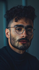 Obraz premium Thoughtful young man with curly hair and glasses in a dark room