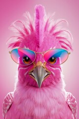 Colorful Parrot Wearing Trendy Glasses with Pink Background and Gradient Feathers