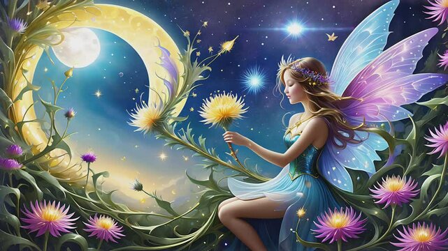 Beautiful fairy with colorful wings sitting on flower in magical moonlit garden. Fantasy and enchantment concept