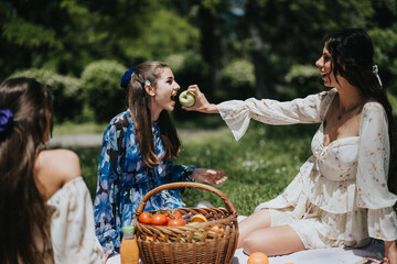 Three sisters sharing a joyful moment during a sunny outdoor picnic in the park, with one feeding another an apple.