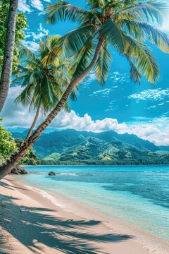 Tropical beach with palm trees and azure water in ocean. Paradise island on a sunny day. Trip, travel and vacation theme