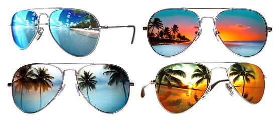 Set of stylish aviator sunglasses reflecting tropical beach scenes, cut out