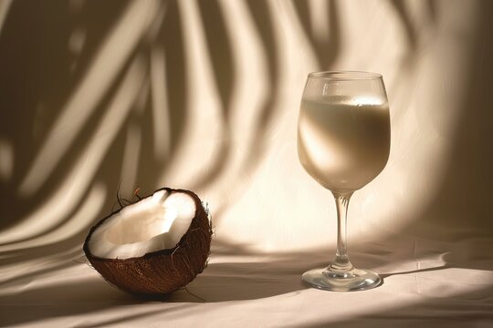 Artistic shadows play across a halved coconut and glass of milk