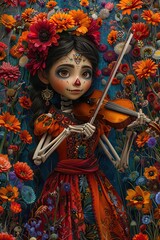 Fototapeta premium Day of the Dead doll with colorful floral decorations
