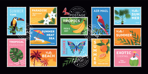 Summer stamps. Tropical beach travel. Postal stickers and seals. Exotic fruits. Palm plant leaves. Vacation in Hawaii. Jungle animals and birds. Sea tourism. Vector postmarks composition © SpicyTruffel