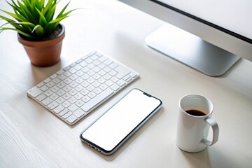 Fototapeta premium Smartphone with White Screen on Minimalist Keyboard