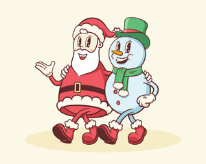 Christmas Groovy Santa and Snowman Retro Characters. Cartoon Xmas Personage Illustration. Vector Winter Holiday Mascot Template Background. Happy Vintage Cool Drawing Isolated