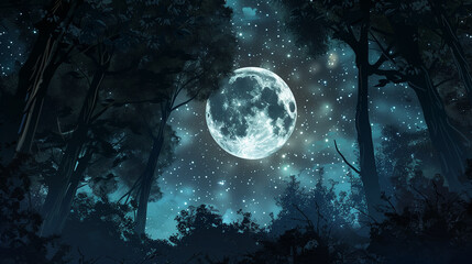 Fototapeta premium Full moon shining through trees in night forest