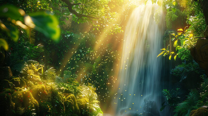 Beautiful waterfall surrounded by lush green plants and trees. Rays of sunlight shine through the leaves, creating a magical oasis. Perfect for travel posters or nature lovers.