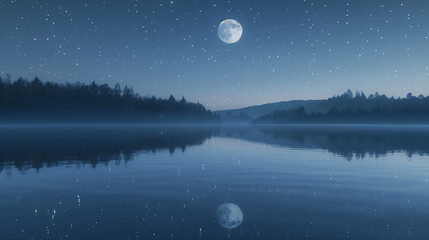 Naklejka premium Full moon reflected on calm lake in forest at night
