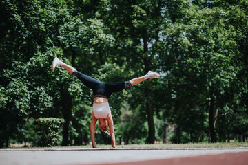 Athletic woman performing a handstand outdoors in a park setting, demonstrating balance and strength during a fitness exercise.