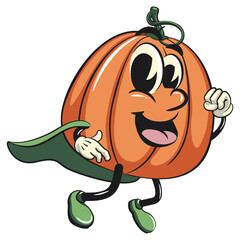 character of a cute pumpkin cartoon vector isolated clip art mascot illustration as flying superhero wearing a robe, work of hand drawn