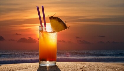 A tropical cocktail garnished with a slice of fruit and a fancy straw, positioned on a sandy