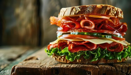 A classic sandwich, layered with meats and vegetables, rests on a rustic wooden table, perfect for a quick bite