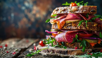 A classic sandwich, layered with meats and vegetables, rests on a rustic wooden table, perfect for a quick bite