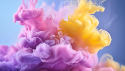 Fototapeta premium Swirling mix of pink, yellow and purple ink clouds on blue backdrop.