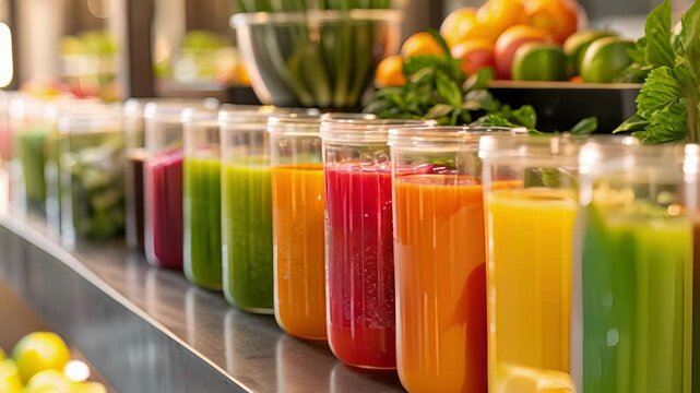 A sleek and wellstocked juice bar offering refreshing postworkout drinks and healthy snacks.